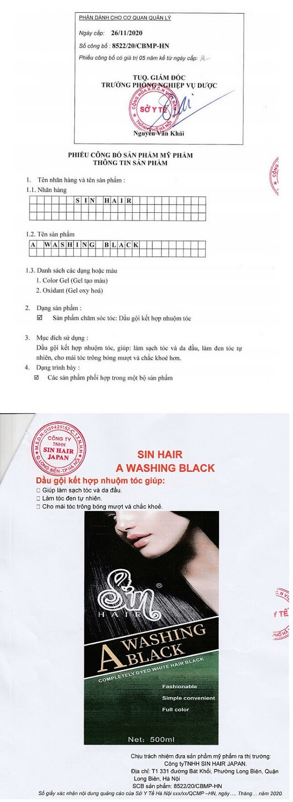 Dầu gội đen tóc Sin Hair đã được Bộ Y tế chứng nhận an toàn ngày 26/11/2020