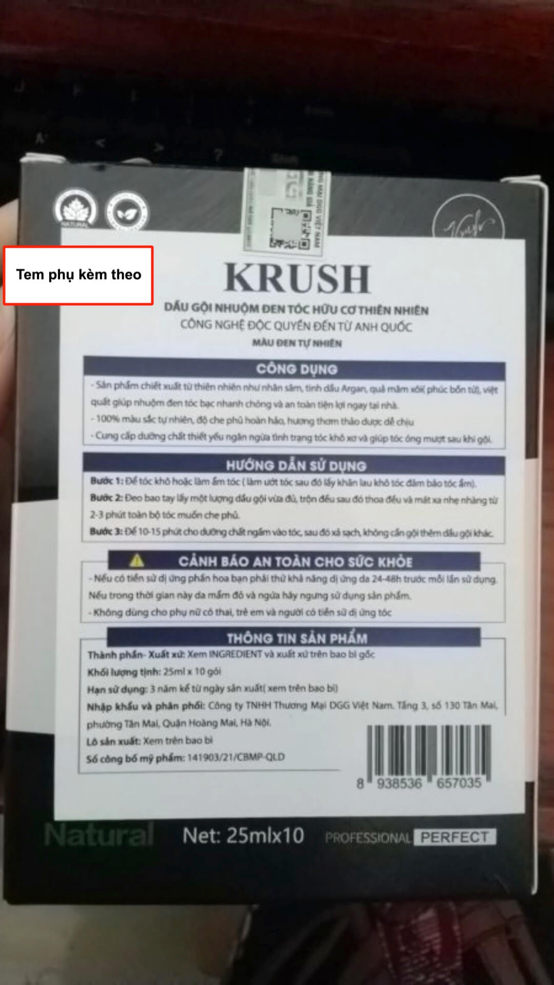 Dầu gội đen tóc Krush có tem phụ kèm theo