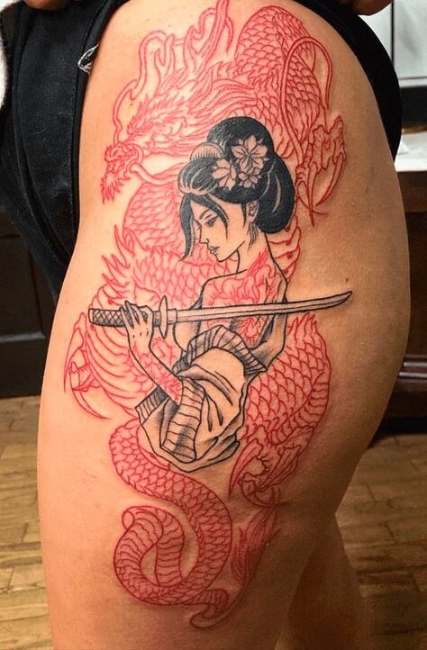 Hình xăm cô gái Nhật Geisha cầm kiếm hình 52