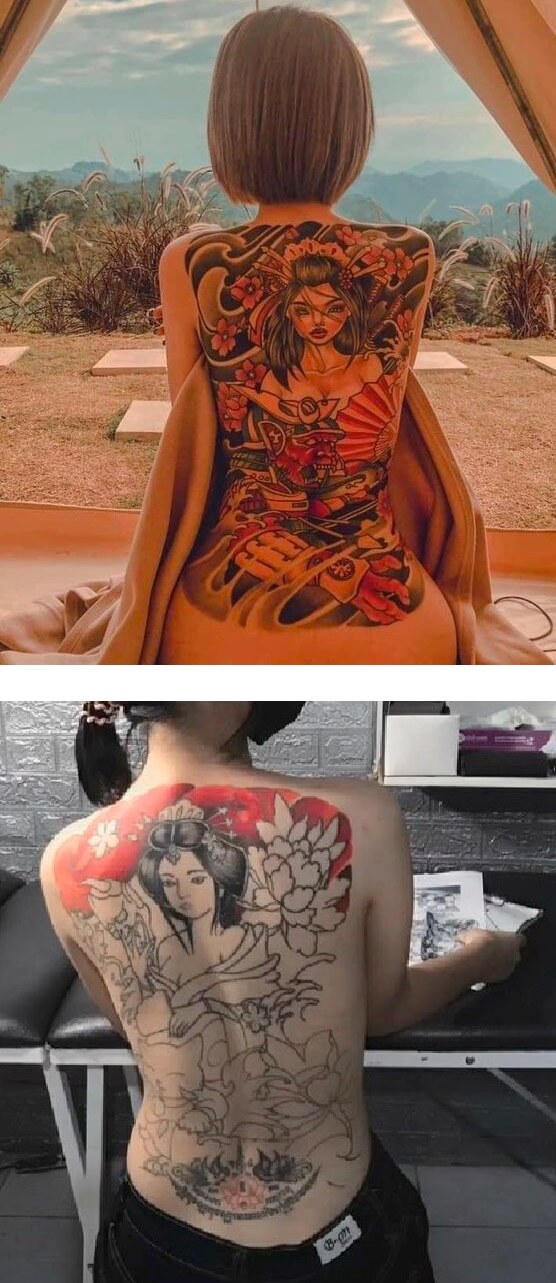 Hình xăm cô gái nhật full lưng, bít lưng hình xăm Geisha kín lưng, sau lưng cho nam, nữ hình 33