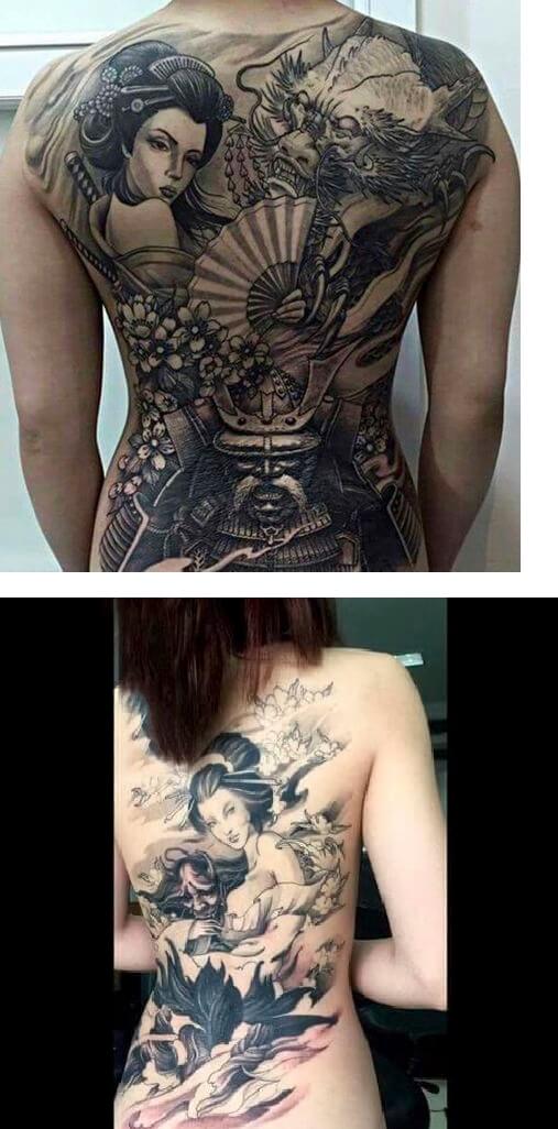 Hình xăm cô gái nhật full lưng, bít lưng hình xăm Geisha kín lưng, sau lưng cho nam, nữ hình 34