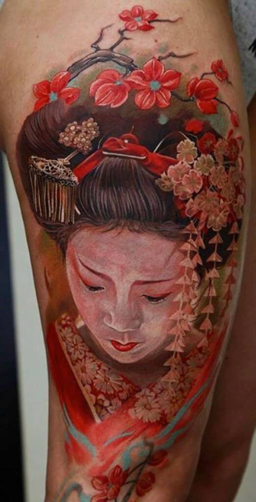 hình xăm cô gái Nhật geisha hoa anh đào hình 4