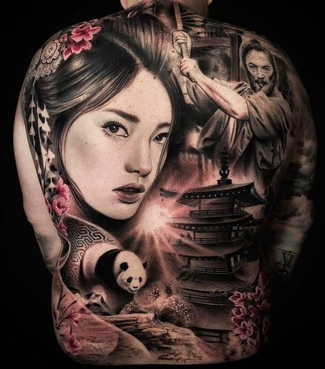 Ý nghĩa hình xăm Samurai và cô gái Nhật Bản Geisha full lưng hình 50