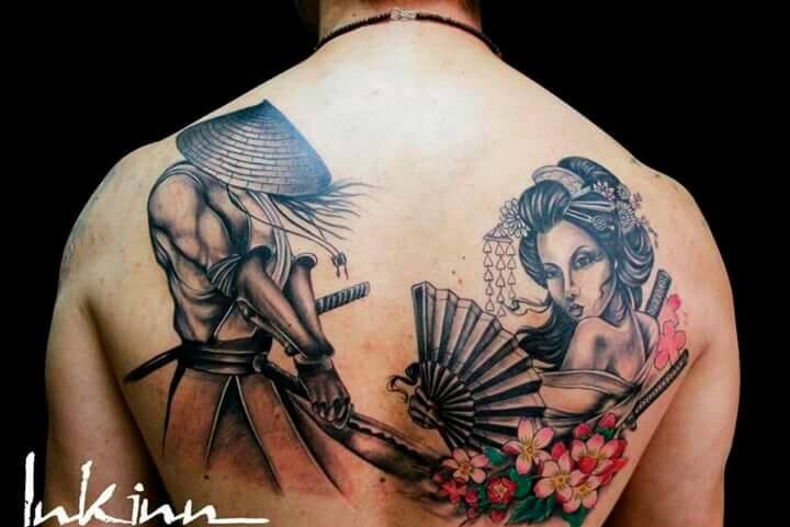 Ý nghĩa hình xăm Samurai và cô gái Nhật Bản Geisha full lưng hình 60