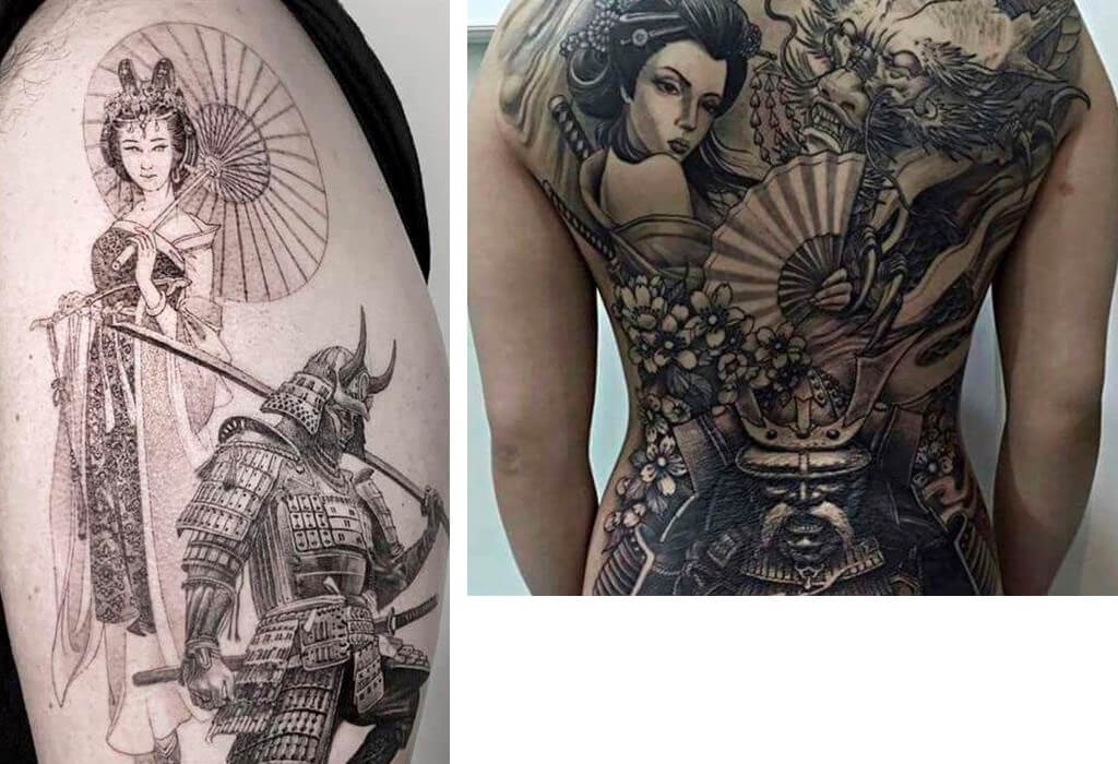 Ý nghĩa hình xăm Samurai và cô gái Nhật Bản Geisha full lưng hình 71