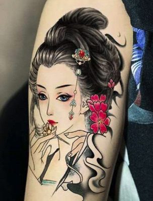 Hình xăm cô gái Nhật hoa anh đào Geisha mẫu 9