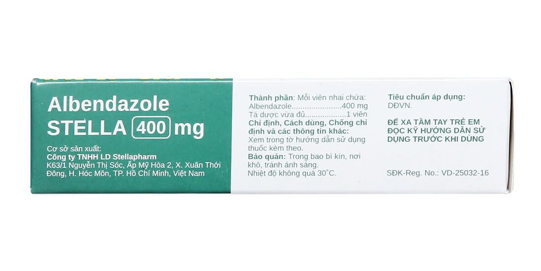 Thuốc Albendazol Stella 400mg là thuốc điều trị chứa hoạt chất chính Albendazole 400 mg, có thể điều trị một loại hoặc nhiều loại ký sinh trùng đường ruột như giun đũa, giun kim, giun lươn, giun tóc, giun mỏ, giun móc, sán hạt dưa, sán lợn, sán bò, sán lá gan loại Opisthorchis viverrini và O. sinensis. Thuốc còn chỉ định để điều trị bệnh ấu trùng di trú ở da, bệnh ấu trùng sán lợn có tổn thương não và bệnh nang sán không thể phẫu thuật, là thuốc gì, giá bao nhiêu, liều dùng hình 6