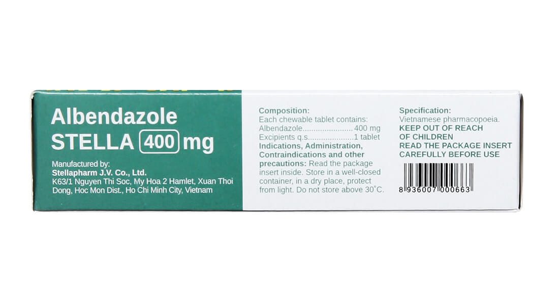 Thuốc Albendazol Stella 400mg là thuốc điều trị chứa hoạt chất chính Albendazole 400 mg, có thể điều trị một loại hoặc nhiều loại ký sinh trùng đường ruột như giun đũa, giun kim, giun lươn, giun tóc, giun mỏ, giun móc, sán hạt dưa, sán lợn, sán bò, sán lá gan loại Opisthorchis viverrini và O. sinensis. Thuốc còn chỉ định để điều trị bệnh ấu trùng di trú ở da, bệnh ấu trùng sán lợn có tổn thương não và bệnh nang sán không thể phẫu thuật, là thuốc gì, giá bao nhiêu, liều dùng hình 7