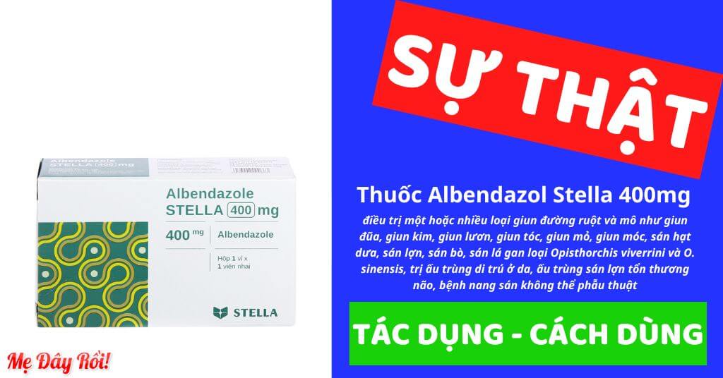 Thuốc Albendazol Stella 400mg là thuốc điều trị một loại hoặc nhiều loại ký sinh trùng đường ruột như giun đũa, giun kim, giun lươn, giun tóc, giun mỏ, giun móc, sán hạt dưa, sán lợn, sán bò, sán lá gan loại Opisthorchis viverrini và O. sinensis. Thuốc còn chỉ định để điều trị bệnh ấu trùng di trú ở da, bệnh ấu trùng sán lợn có tổn thương não và bệnh nang sán không thể phẫu thuật, là thuốc gì, giá bao nhiêu, liều dùng, của công ty TNHH Liên Doanh Stellapharm - Việt Nam, số đăng ký VD-25032-16