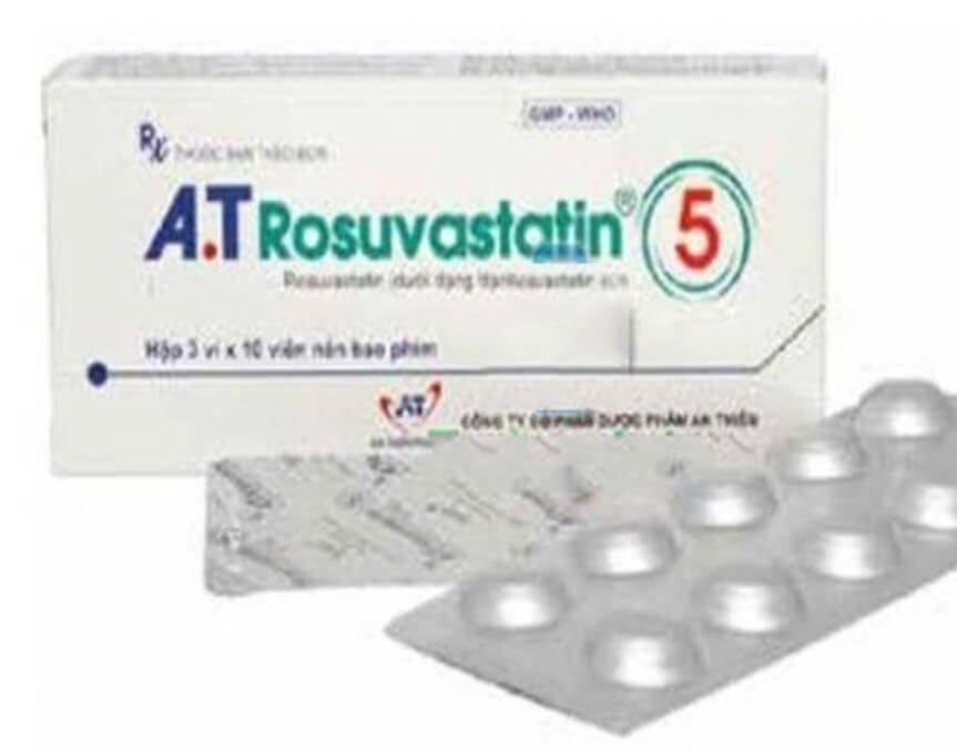 Thuốc A.T Rosuvastatin 5mg hoạt chất chính Rosuvastatin 5mg/1 viên, dùng cho bệnh nhân tăng Cholesterol nguyên phát (loại IIa) hoặc rối loạn lipid máu hỗn hợp (loại IIb), người lớn và trẻ em trên 6 tuổi bị tăng Cholesterol máu gia đình kiểu đồng hợp tử và dị hợp tử. Người có nguy cơ cao về bệnh tim mạch hình 1