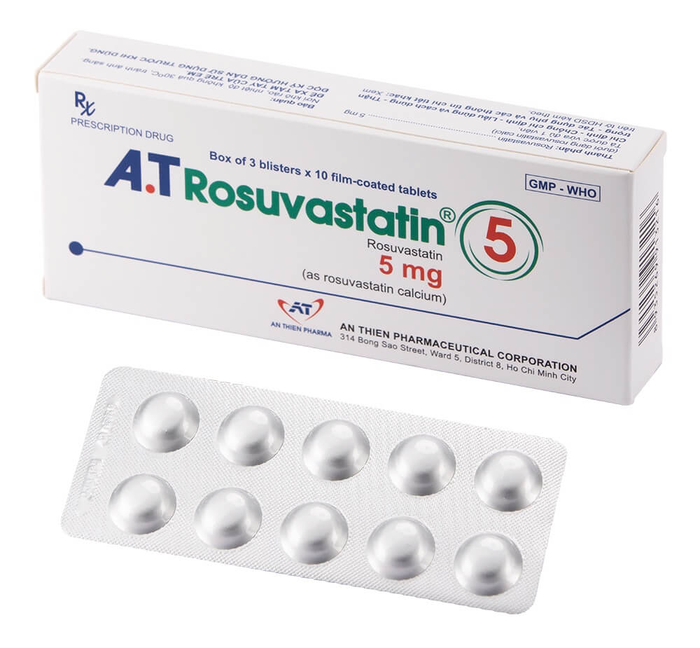 Thuốc A.T Rosuvastatin 5mg hoạt chất chính Rosuvastatin 5mg/1 viên, dùng cho bệnh nhân tăng Cholesterol nguyên phát (loại IIa) hoặc rối loạn lipid máu hỗn hợp (loại IIb), người lớn và trẻ em trên 6 tuổi bị tăng Cholesterol máu gia đình kiểu đồng hợp tử và dị hợp tử. Người có nguy cơ cao về bệnh tim mạch của Công ty Cổ phần Dược phẩm An Thiên (A.T PHARMA CORP), được cấp phép với số đăng ký VD-25635-16 hình 10