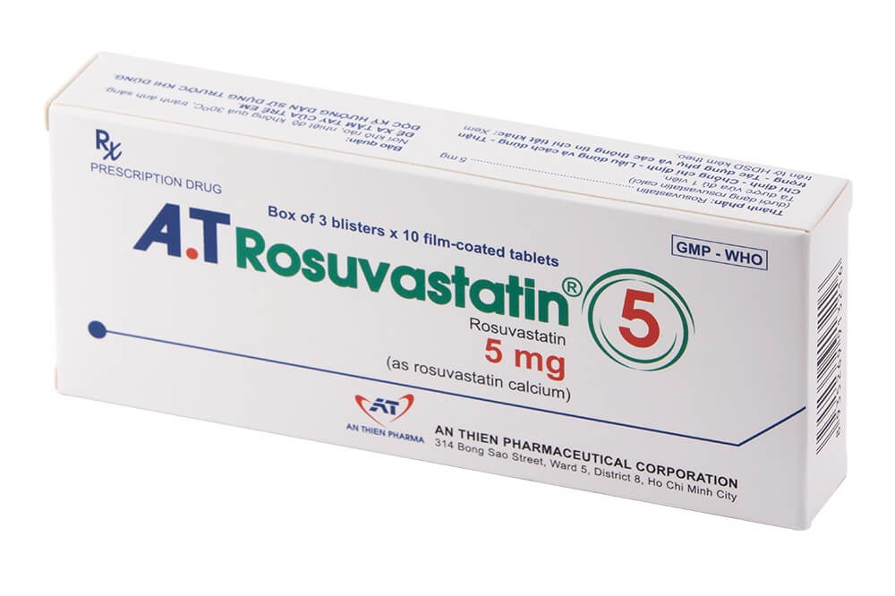 Thuốc A.T Rosuvastatin 5mg hoạt chất chính Rosuvastatin 5mg/1 viên, dùng cho bệnh nhân tăng Cholesterol nguyên phát (loại IIa) hoặc rối loạn lipid máu hỗn hợp (loại IIb), người lớn và trẻ em trên 6 tuổi bị tăng Cholesterol máu gia đình kiểu đồng hợp tử và dị hợp tử. Người có nguy cơ cao về bệnh tim mạch hình 3