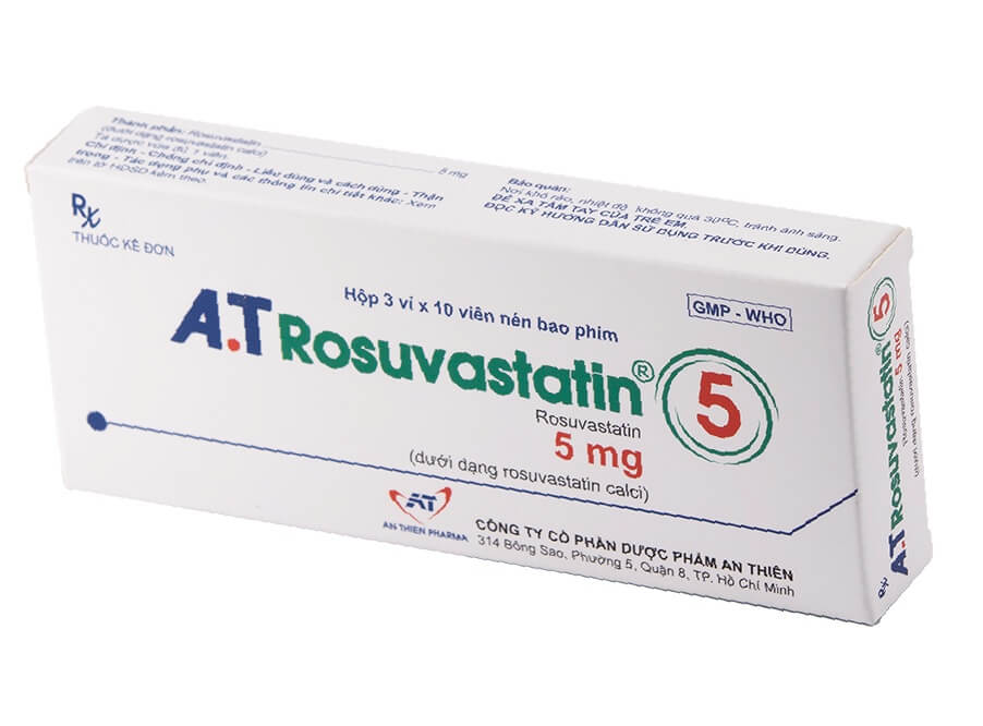 Thuốc A.T Rosuvastatin 5mg hoạt chất chính Rosuvastatin 5mg/1 viên, dùng cho bệnh nhân tăng Cholesterol nguyên phát (loại IIa) hoặc rối loạn lipid máu hỗn hợp (loại IIb), người lớn và trẻ em trên 6 tuổi bị tăng Cholesterol máu gia đình kiểu đồng hợp tử và dị hợp tử. Người có nguy cơ cao về bệnh tim mạch hình 4