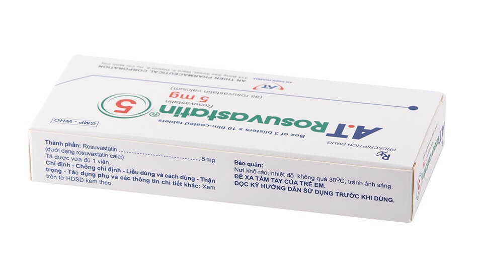 Thuốc A.T Rosuvastatin 5mg hoạt chất chính Rosuvastatin 5mg/1 viên, dùng cho bệnh nhân tăng Cholesterol nguyên phát (loại IIa) hoặc rối loạn lipid máu hỗn hợp (loại IIb), người lớn và trẻ em trên 6 tuổi bị tăng Cholesterol máu gia đình kiểu đồng hợp tử và dị hợp tử. Người có nguy cơ cao về bệnh tim mạch hình 5