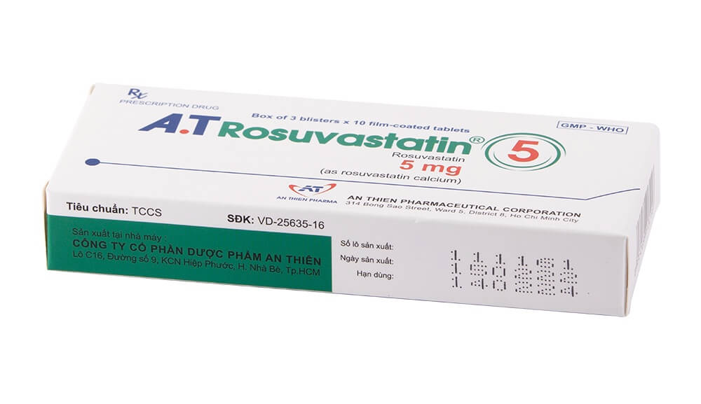 Thuốc A.T Rosuvastatin 5mg hoạt chất chính Rosuvastatin 5mg/1 viên, dùng cho bệnh nhân tăng Cholesterol nguyên phát (loại IIa) hoặc rối loạn lipid máu hỗn hợp (loại IIb), người lớn và trẻ em trên 6 tuổi bị tăng Cholesterol máu gia đình kiểu đồng hợp tử và dị hợp tử. Người có nguy cơ cao về bệnh tim mạch của Công ty Cổ phần Dược phẩm An Thiên (A.T PHARMA CORP), được cấp phép với số đăng ký VD-25635-16 hình 6