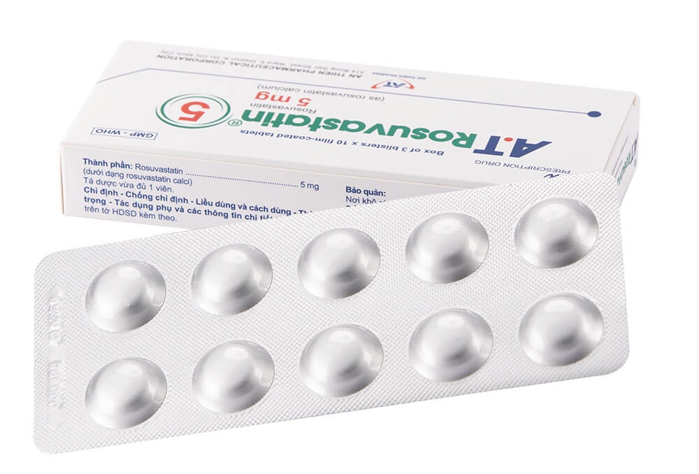 Thuốc A.T Rosuvastatin 5mg hoạt chất chính Rosuvastatin 5mg/1 viên, dùng cho bệnh nhân tăng Cholesterol nguyên phát (loại IIa) hoặc rối loạn lipid máu hỗn hợp (loại IIb), người lớn và trẻ em trên 6 tuổi bị tăng Cholesterol máu gia đình kiểu đồng hợp tử và dị hợp tử. Người có nguy cơ cao về bệnh tim mạch của Công ty Cổ phần Dược phẩm An Thiên (A.T PHARMA CORP), được cấp phép với số đăng ký VD-25635-16 hình 8