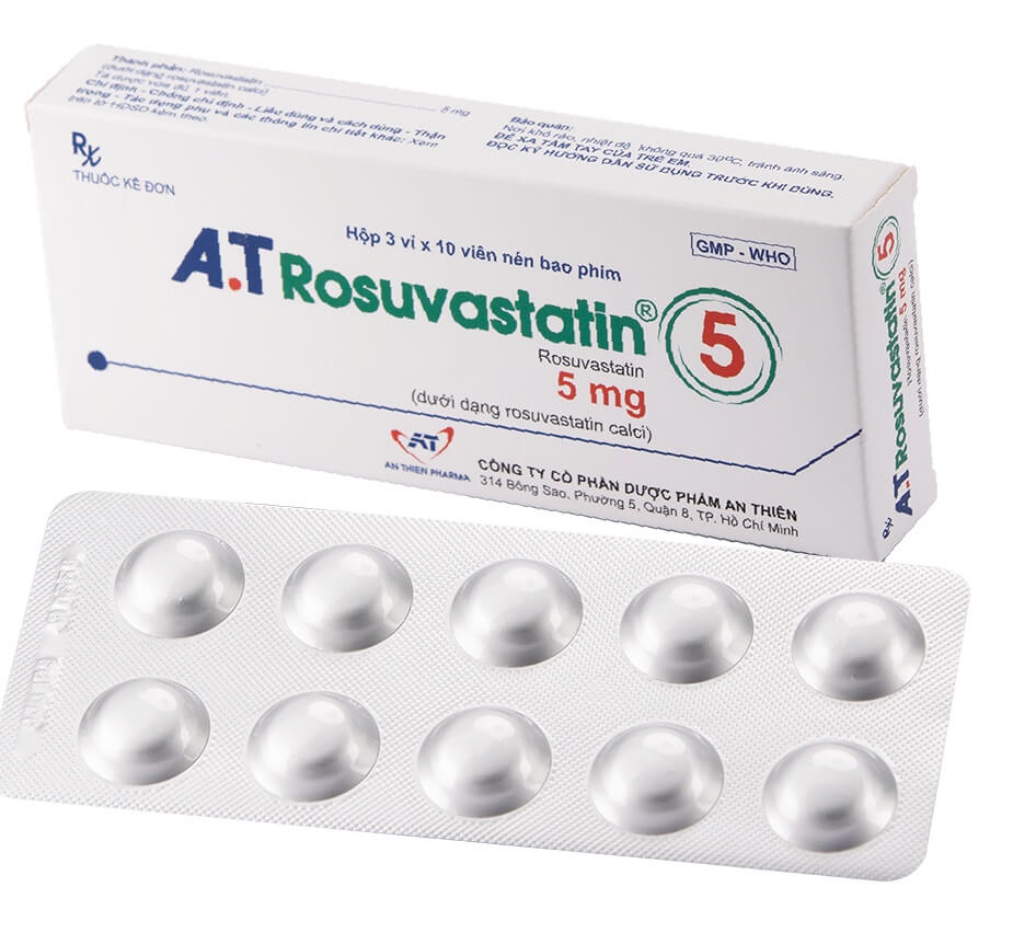 Thuốc A.T Rosuvastatin 5mg hoạt chất chính Rosuvastatin 5mg/1 viên, dùng cho bệnh nhân tăng Cholesterol nguyên phát (loại IIa) hoặc rối loạn lipid máu hỗn hợp (loại IIb), người lớn và trẻ em trên 6 tuổi bị tăng Cholesterol máu gia đình kiểu đồng hợp tử và dị hợp tử. Người có nguy cơ cao về bệnh tim mạch của Công ty Cổ phần Dược phẩm An Thiên (A.T PHARMA CORP), được cấp phép với số đăng ký VD-25635-16 hình 9