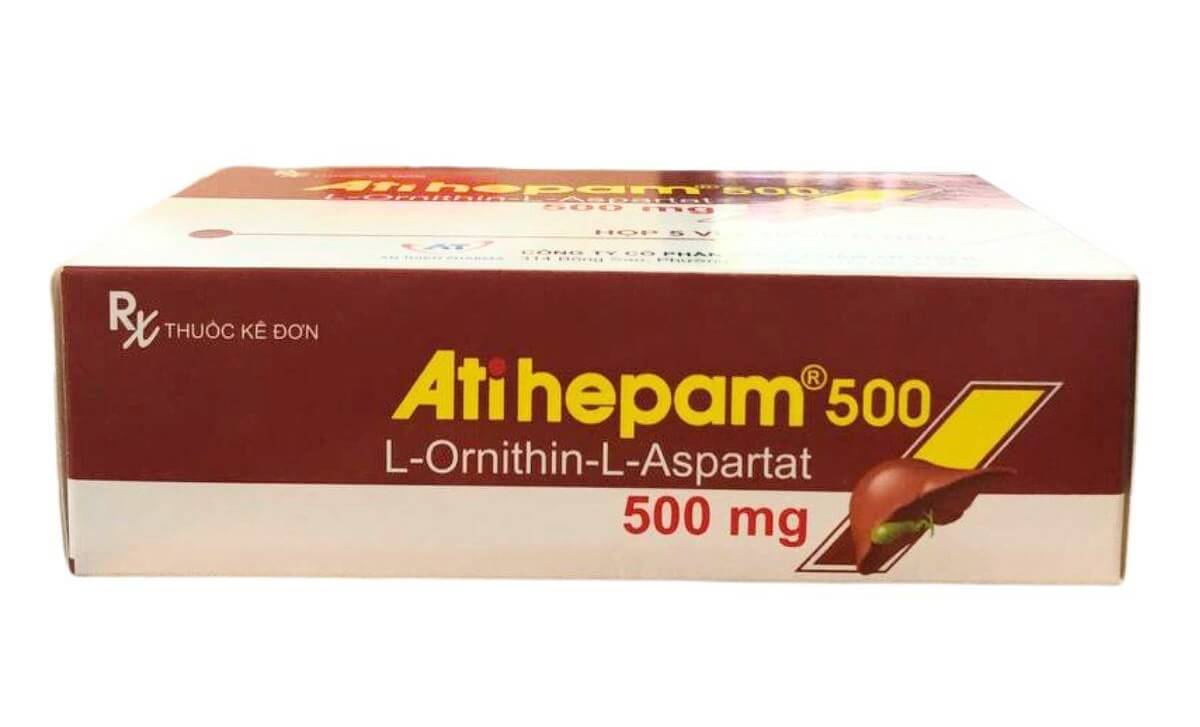 Atihepam 500 là thuốc kê đơn trị bệnh gan với hoạt chất chính là L-Ornithin L-Aspartat (500mg/1 viên) được chỉ định cho người viêm gan mạn tính, viêm gan do sử dụng nhiều rượu bia, người bị tăng nồng độ Amoniac trong máu do bị các bệnh như gan nhiễm mỡ, viêm gan mạn tính hoặc cấp tính, bệnh não gan. Người bị rối loạn khởi phát của bệnh hôn mê gan hoặc bệnh tiền hôn mê gan của Công ty Cổ phần Dược phẩm An Thiên, số đăng ký VD-24736-16 hình 7