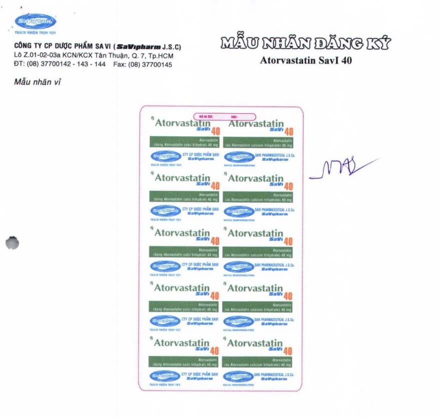 Atorvastatin Savi 40mg chỉ định cho người bị tăng cholesterol máu tiên phát (tuyp IIa và IIb), người bệnh tăng cholesterol máu gia đình đồng hợp tử, dự phòng tiên phát (cấp 1) biến cố mạch vành có hoạt chất chính là Atorvastatin hàm lượng 40mg/1 viên, đến từ Công ty cổ phần Dược phẩm SaVi (SAVIPHARM), được cấp phép với số đăng ký VD-24263-16 điều trị rối loạn lipid máu, mỡ máu, cholesterol máu cao hình 12