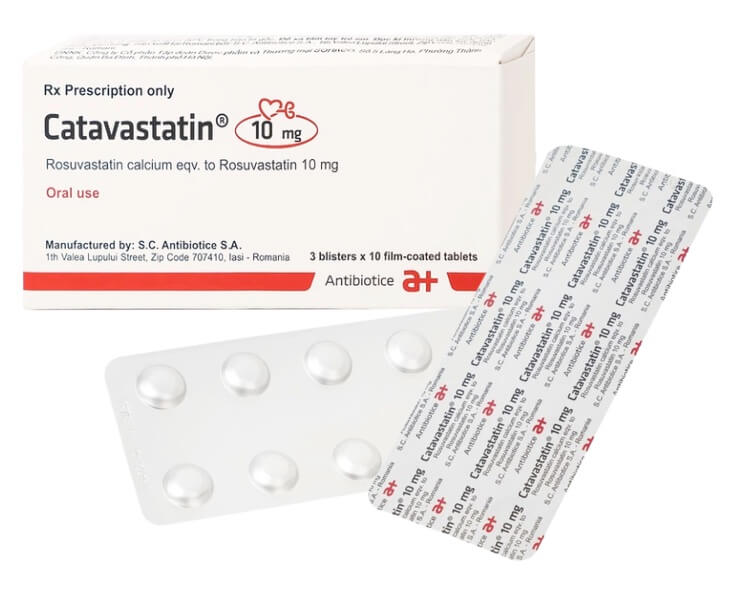 Thuốc Catavastatin 10mg S.C Antibiotice điều trị tăng cholesterol máu nguyên phát, rối loạn lipid máu hỗn hợp, và tăng cholesterol máu gia đình kiểu đồng hợp tử là thuốc gì giá bao nhiêu liều dùng, hoạt chất chính là Rosuvastatin với hàm lượng 10mg/1 viên, của công ty S.C. ANTIBIOTICE S.A, số đăng ký VN-22675-20 hình 10