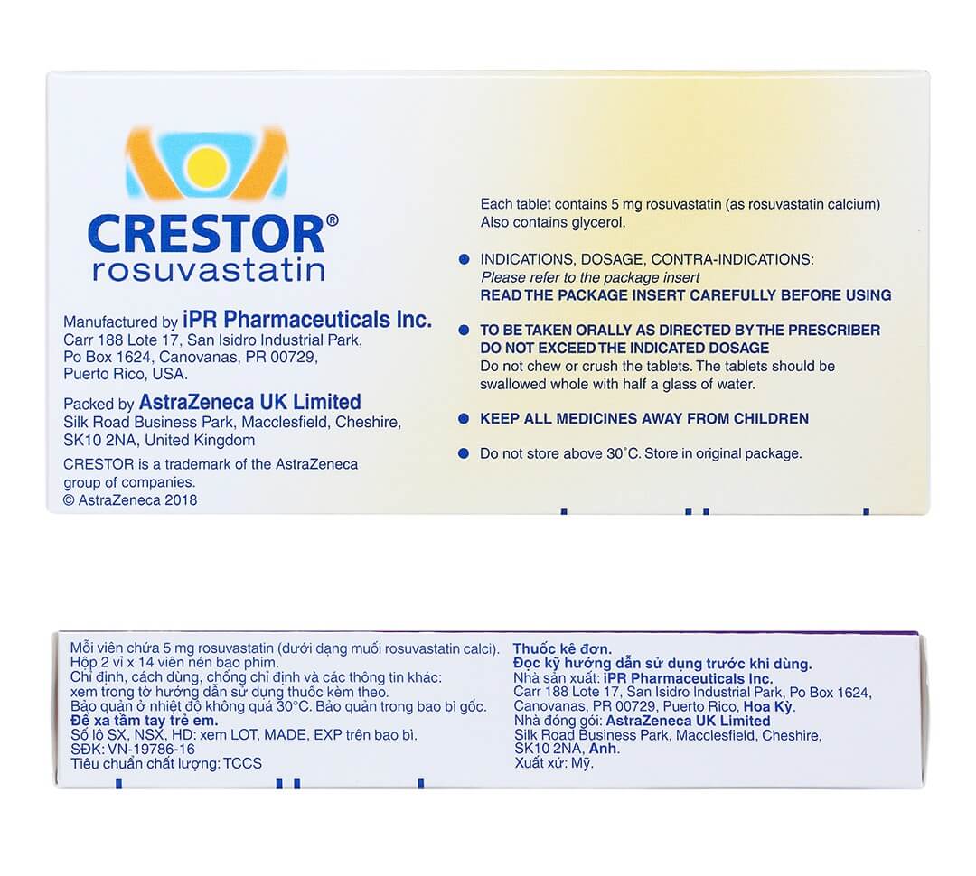 Thuốc Crestor 5mg là thuốc kê đơn được bác sĩ chỉ định điều trị cho người tăng cholesterol máu nguyên phát (loại lIa kể cả tăng cholesterol máu gia đình kiểu dị hợp tử), rối loạn lipid máu hỗn hợp (loại llB), tăng cholesterol máu gia đình kiểu đồng hợp tử, làm chậm tiến triển của bệnh xơ vữa động mạch, phòng ngừa bệnh tim mạch nguyên phát của công ty AstraZeneca, số đăng ký VN-19786-16, là thuốc gì, giá bao nhiêu, cách dùng hình 14