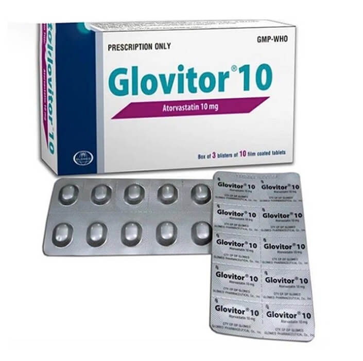 Thuốc Glovitor 10 Glomed điều trị tăng cholesterol máu nguyên phát & rối loạn lipid máu hỗn hợp (type IIa & IIb); làm giảm triglycerid máu (type IV), điều trị rối loạn betalipoprotein máu nguyên phát (type III), tăng Cholesterol máu gia đình đồng hợp tử hình 1