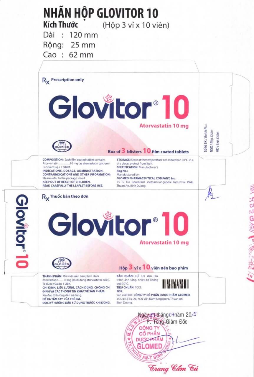 Thuốc Glovitor 10 Glomed điều trị tăng cholesterol máu nguyên phát & rối loạn lipid máu hỗn hợp (type IIa & IIb); làm giảm triglycerid máu (type IV), điều trị rối loạn betalipoprotein máu nguyên phát (type III), tăng Cholesterol máu gia đình đồng hợp tử, số đăng ký VD-24173-16, lthuốc kê toa, viên nén bao phim hình 10