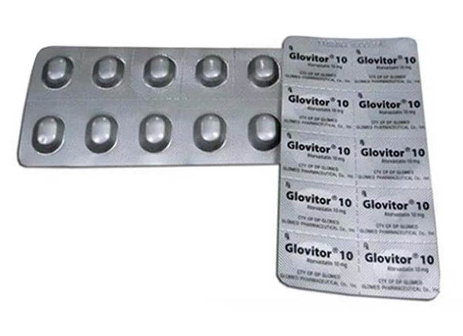 Thuốc Glovitor 10 Glomed điều trị tăng cholesterol máu nguyên phát & rối loạn lipid máu hỗn hợp (type IIa & IIb); làm giảm triglycerid máu (type IV), điều trị rối loạn betalipoprotein máu nguyên phát (type III), tăng Cholesterol máu gia đình đồng hợp tử, số đăng ký VD-24173-16, lthuốc kê toa, viên nén bao phim hình 8