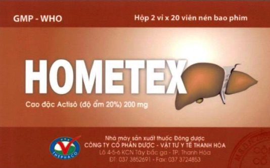 Thuốc Hometex được bào chế từ cao đặc Actiso với hàm lượng 200mg, được dùng để thanh nhiệt, giải độc, mát gan, điều trị viêm gan gây mệt mỏi, khó tiêu, vàng da, mụn nhọt, lở ngứa, bí tiểu tiện, táo bón. Thuốc còn dùng cho người bị suy giảm chức năng gan do dùng nhiều bia rượu, người bị rối loạn mỡ máu (mỡ máu cao), xơ vữa động mạchđược đăng ký bởi công ty Công Ty CP Dược Vật Tư Y Tế Thanh Hóa - Thephaco, được cấp phép với số đăng ký VD-26376-17 hình 6