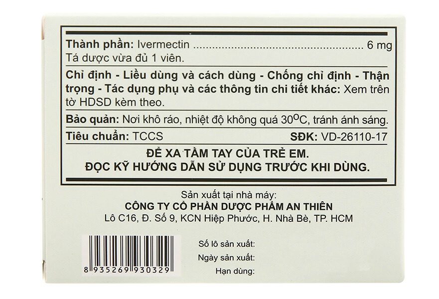 Thuốc Ivermectin 6mg A.T có tác dụng điều trị các bệnh nhiễm ký sinh trùng, nhiễm giun lươn, giun đũa, giun chỉ, Ấu trùng di chuyển trên da, dùng được cho người lớn và trẻ em > 5 tuổi (thể trọng ≥ 15 kg), là thuốc gì, giá bao nhiêu, cách dùng, liều dùng, có tác dụng gì hình 6