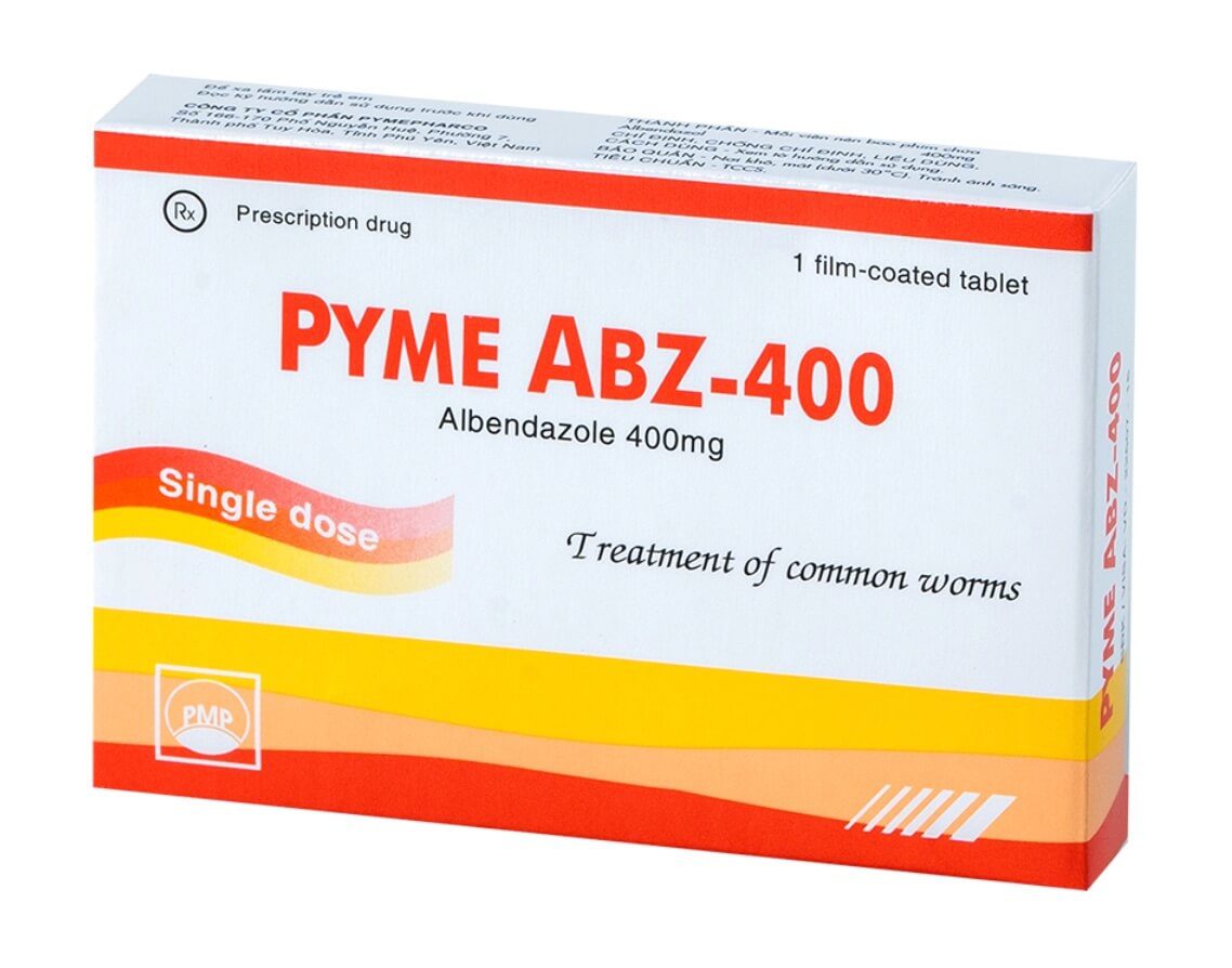 Thuốc PYME ABZ-400 là thuốc kê đơn từ hoạt chất chính Albendazole, chỉ định dùng để trị một hoặc nhiều loại ký sinh trùng đường ruột như giun đũa, giun mỏ, giun tóc, giun kim, giun móc, giun lươn, sán lợn, sán bò, sán hạt dưa, sán lá gan loại Opisthorchis viverrini và O.sinensis.... Thuốc còn điều trị nhiễm ấu trùng di trú ở da, bệnh ấu trùng sán lợn gây tổn thương não, điều trị các trường hợp bệnh nang sán không phẫu thuật được hình 1