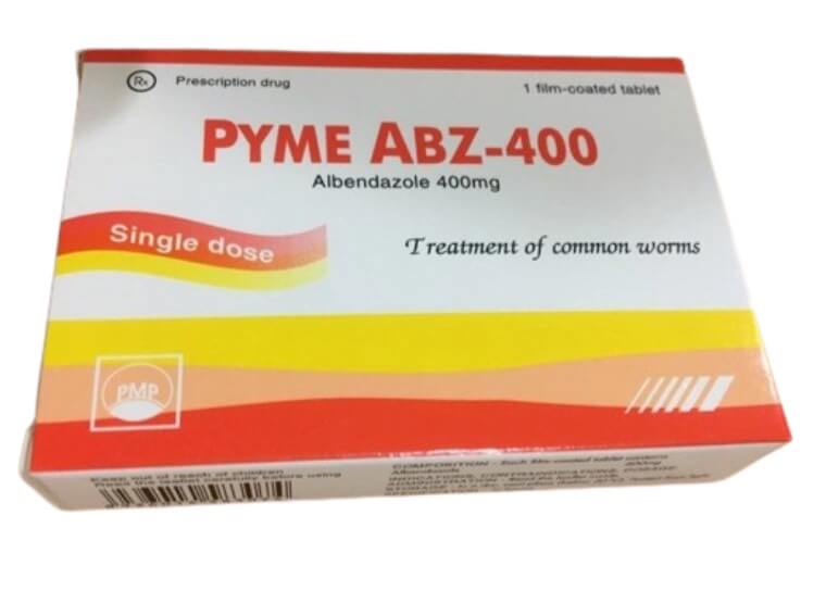 Thuốc PYME ABZ-400 là thuốc kê đơn từ hoạt chất chính Albendazole, chỉ định dùng để trị một hoặc nhiều loại ký sinh trùng đường ruột như giun đũa, giun mỏ, giun tóc, giun kim, giun móc, giun lươn, sán lợn, sán bò, sán hạt dưa, sán lá gan loại Opisthorchis viverrini và O.sinensis.... Thuốc còn điều trị nhiễm ấu trùng di trú ở da, bệnh ấu trùng sán lợn gây tổn thương não, điều trị các trường hợp bệnh nang sán không phẫu thuật được, bào chế dạng viên nén bao phim, của Công ty cổ phần Pymepharco - Việt Nam, số đăng ký VD-22607-15 hình 10