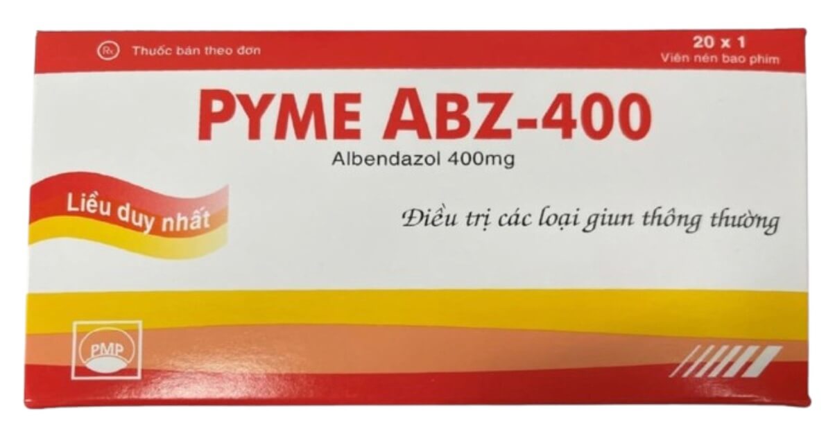 Thuốc PYME ABZ-400 được bác sĩ kê đơn, chỉ định để trị một hay nhiều loại sinh trùng đường ruột như giun đũa (Ascaris lumbricoides), giun móc (Ancylostoma duodenal và Necator americanus), giun kim (Enterobius vermicularis), giun tóc (Trichuris trichiura), giun lươn (Strongyloides stercoralis), diệt sán dãi, bệnh sán lá gan nhỏ, bệnh sán lá gan loại Opisthorchis Viverrini và Opisthorchis Sinensis, bệnh ấu trùng di trú ở da. Ấu trùng sán lợn (Taenia solium) tại hệ thần kinh. Nang sán chó (Echinococcus granulosus) ở gan, phổi hoặc màng bụng, bào chế dạng viên nén bao phim, của Công ty cổ phần Pymepharco - Việt Nam, số đăng ký VD-22607-15 hình 12