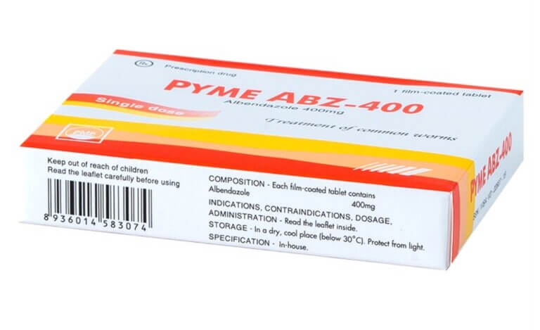 Thuốc PYME ABZ-400 là thuốc kê đơn từ hoạt chất chính Albendazole, chỉ định dùng để trị một hoặc nhiều loại ký sinh trùng đường ruột như giun đũa, giun mỏ, giun tóc, giun kim, giun móc, giun lươn, sán lợn, sán bò, sán hạt dưa, sán lá gan loại Opisthorchis viverrini và O.sinensis.... Thuốc còn điều trị nhiễm ấu trùng di trú ở da, bệnh ấu trùng sán lợn gây tổn thương não, điều trị các trường hợp bệnh nang sán không phẫu thuật được, bào chế dạng viên nén bao phim, của Công ty cổ phần Pymepharco - Việt Nam, số đăng ký VD-22607-15 hình 6