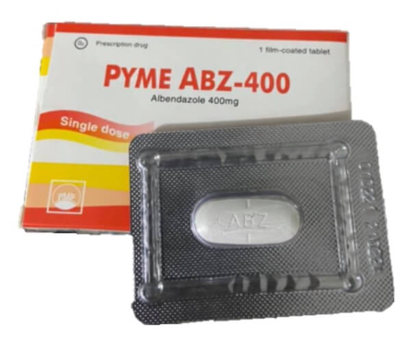 Thuốc PYME ABZ-400 là thuốc kê đơn từ hoạt chất chính Albendazole, chỉ định dùng để trị một hoặc nhiều loại ký sinh trùng đường ruột như giun đũa, giun mỏ, giun tóc, giun kim, giun móc, giun lươn, sán lợn, sán bò, sán hạt dưa, sán lá gan loại Opisthorchis viverrini và O.sinensis.... Thuốc còn điều trị nhiễm ấu trùng di trú ở da, bệnh ấu trùng sán lợn gây tổn thương não, điều trị các trường hợp bệnh nang sán không phẫu thuật được, bào chế dạng viên nén bao phim, của Công ty cổ phần Pymepharco - Việt Nam, số đăng ký VD-22607-15 hình 8