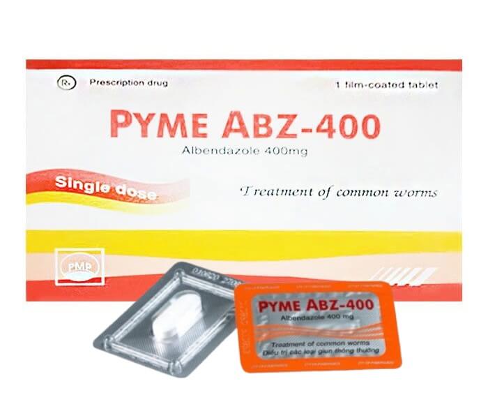 Thuốc PYME ABZ-400 là thuốc kê đơn từ hoạt chất chính Albendazole, chỉ định dùng để trị một hoặc nhiều loại ký sinh trùng đường ruột như giun đũa, giun mỏ, giun tóc, giun kim, giun móc, giun lươn, sán lợn, sán bò, sán hạt dưa, sán lá gan loại Opisthorchis viverrini và O.sinensis.... Thuốc còn điều trị nhiễm ấu trùng di trú ở da, bệnh ấu trùng sán lợn gây tổn thương não, điều trị các trường hợp bệnh nang sán không phẫu thuật được, bào chế dạng viên nén bao phim, của Công ty cổ phần Pymepharco - Việt Nam, số đăng ký VD-22607-15 hình 9