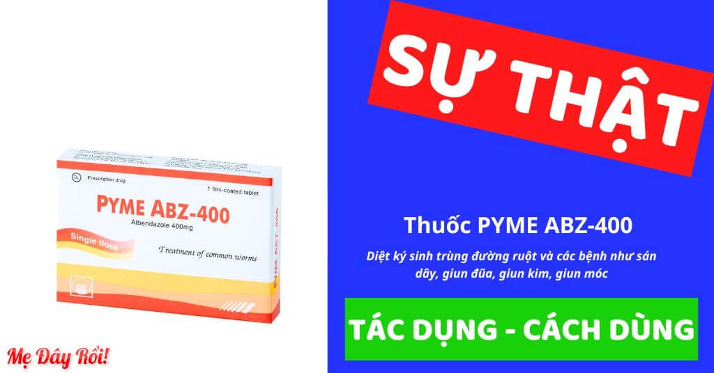 Thuốc PYME ABZ-400 được bác sĩ kê đơn, chỉ định để trị một hay nhiều loại sinh trùng đường ruột như giun đũa (Ascaris lumbricoides), giun móc (Ancylostoma duodenal và Necator americanus), giun kim (Enterobius vermicularis), giun tóc (Trichuris trichiura), giun lươn (Strongyloides stercoralis), diệt sán dãi, bệnh sán lá gan nhỏ, bệnh sán lá gan loại Opisthorchis Viverrini và Opisthorchis Sinensis, bệnh ấu trùng di trú ở da. Ấu trùng sán lợn (Taenia solium) tại hệ thần kinh. Nang sán chó (Echinococcus granulosus) ở gan, phổi hoặc màng bụng, bào chế dạng viên nén bao phim, của Công ty cổ phần Pymepharco - Việt Nam, số đăng ký VD-22607-15