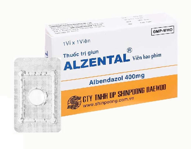 Thuốc Alzental 400mg điều trị nhiễm một hoặc nhiều loại ký sinh trùng đường ruột như giun đũa, giun kim, giun móc, giun mỏ, giun tóc, giun lươn và diệt ấu trùng dưới da là thuốc gì có tác dụng gì, tẩy giun có tốt không, giá bao nhiêu, uống lúc nào, trước hay sau ăn, của Shinpoong Daewoo, số đăng ký VD-18522-13 hình 15