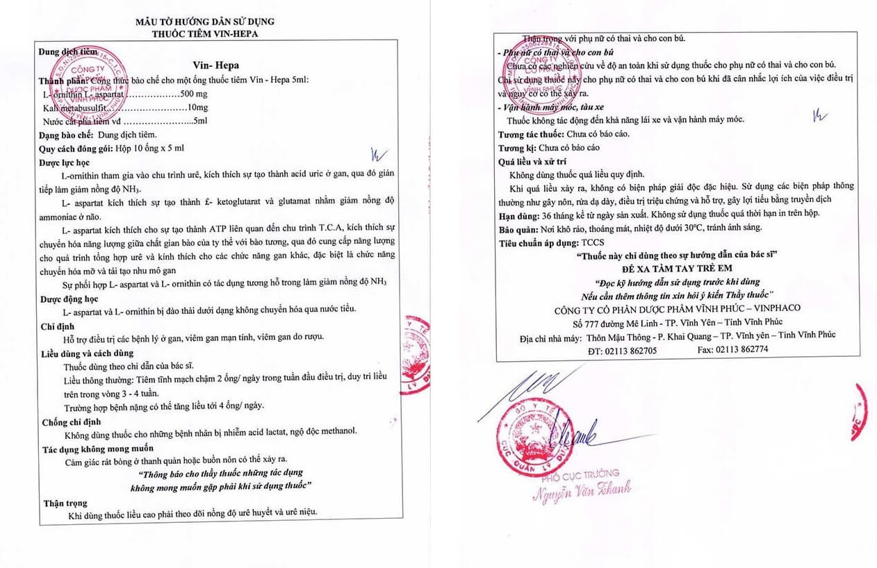 Thuốc Vin - Hepa có thành phần chính là l - ornithin - l - aspartat được chỉ định trong điều trị các bệnh lý ở gan, viêm gan mạn tính, viêm gan do rượu điều trị rối loạn ý thức giai đoạn đầu não gan, biến chứng thần kinh của bệnh não gan, bệnh lý về gan có tăng amoniac máu hình 12