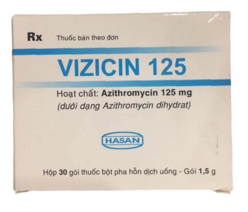 Thuốc Vizicin 125 là thuốc kê toa từ bác sĩ, với thành phần chính là Azithromycin 125mg trị nhiễm khuẩn đường hô hấp trên (viêm họng, viêm amidan, viêm xoang cấp, viêm tai giữa cấp,...), nhiễm khuẩn đường hô hấp dưới (viêm phổi do vi khuẩn, viêm phế quản cấp,..), nhiễm trùng da và mô mềm (viêm da, viêm mủ, lở loét, chốc, impetigo,..), bệnh lây truyền qua đường sinh dục chưa biến chứng (lậu, Chlamydia, bệnh giang mai), nhiễm khuẩn đường tiêu hóa. hình 7