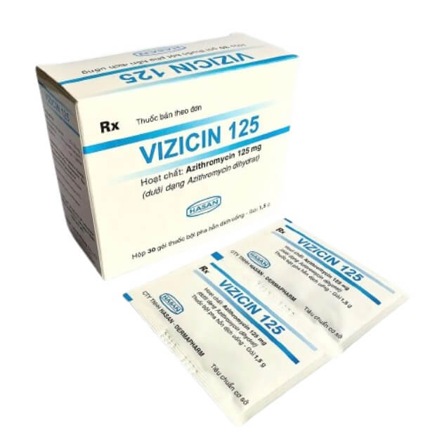 Thuốc Vizicin 125 là thuốc kê toa từ bác sĩ, với thành phần chính là Azithromycin 125mg trị nhiễm khuẩn đường hô hấp trên (viêm họng, viêm amidan, viêm xoang cấp, viêm tai giữa cấp,...), nhiễm khuẩn đường hô hấp dưới (viêm phổi do vi khuẩn, viêm phế quản cấp,..), nhiễm trùng da và mô mềm (viêm da, viêm mủ, lở loét, chốc, impetigo,..), bệnh lây truyền qua đường sinh dục chưa biến chứng (lậu, Chlamydia, bệnh giang mai), nhiễm khuẩn đường tiêu hóa. hình 8