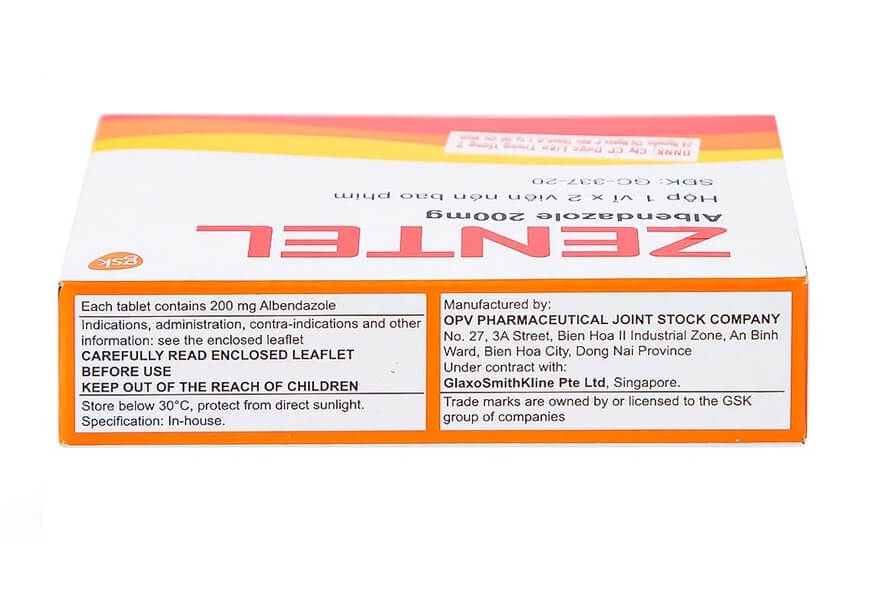 Thuốc Zentel 200mg chứa hoạt chất chính là Albendazole với hàm lượng 200mg/viên, giúp điều trị các loại giun đường ruột và mô nhạy cảm như Giun kim, giun lươn, giun đũa, giun tóc, ấu trùng di chuyển dưới da: là thuốc gì, giá bao nhiêu, cách uống, uống trước hay sau ăn, uống khi nào, uống mấy viên, liều dùng, GSK 1x2, được sản xuất tại Công ty cổ phần Dược phẩm OPV - Việt Nam, số đăng ký GC-0182-12 hình 15