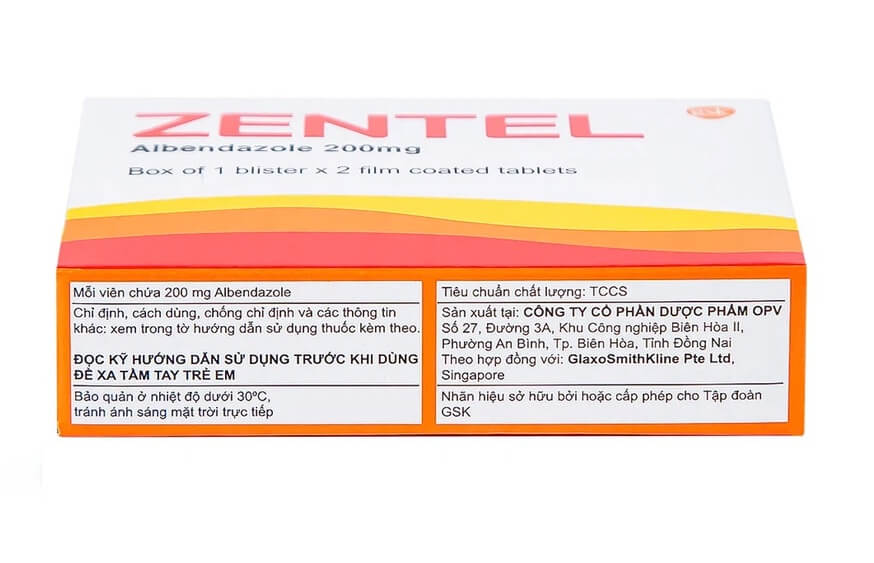 Thuốc Zentel 200mg bào chế ở dạng viên nén, chứa hoạt chất chính là Albendazole với hàm lượng 200mg/viên, giúp điều trị các loại giun đường ruột và mô nhạy cảm như Giun kim, giun lươn, giun đũa, giun tóc, ấu trùng di chuyển dưới da: là thuốc gì, giá bao nhiêu, cách uống, uống trước hay sau ăn, uống khi nào, uống mấy viên, liều dùng, GSK 1x2, được sản xuất tại Công ty cổ phần Dược phẩm OPV - Việt Nam, số đăng ký GC-0182-12 hình 16