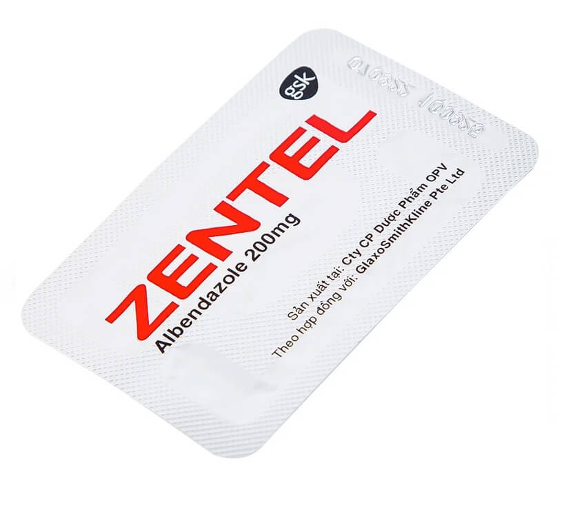 Thuốc Zentel 200mg bào chế ở dạng viên nén, chứa hoạt chất chính là Albendazole với hàm lượng 200mg/viên, giúp điều trị các loại giun đường ruột và mô nhạy cảm như Giun kim, giun lươn, giun đũa, giun tóc, ấu trùng di chuyển dưới da: là thuốc gì, giá bao nhiêu, cách uống, uống trước hay sau ăn, uống khi nào, uống mấy viên, liều dùng, GSK 1x2, được sản xuất tại Công ty cổ phần Dược phẩm OPV - Việt Nam, số đăng ký GC-0182-12 hình 19